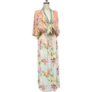 World Market Pink Floral Boho Maxi Dress with Pink and Green Accents Ombre